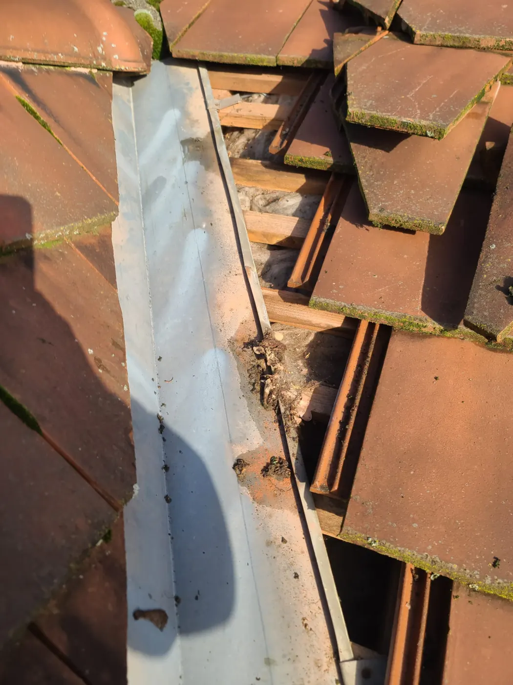 Détail d'une noue zinc entre des tuiles anciennes